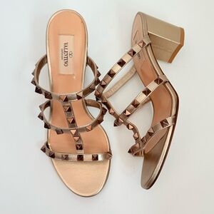 Valentino Garavani Pale Gold/Bronze Leather Rockstud Caged block heel sandals 38